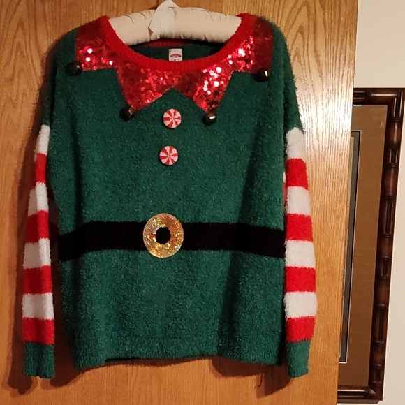 Holiday Time Sweaters - Christmas Sweater Ugly Cute You Decide Size Large Green Red Bells
